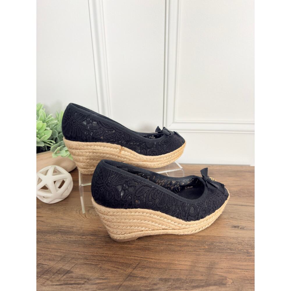 Tory Burch Jackie Lace Espadrille Wedge Peep Toe Bow Black Coastal Chic 8.5 - Picture 5 of 12